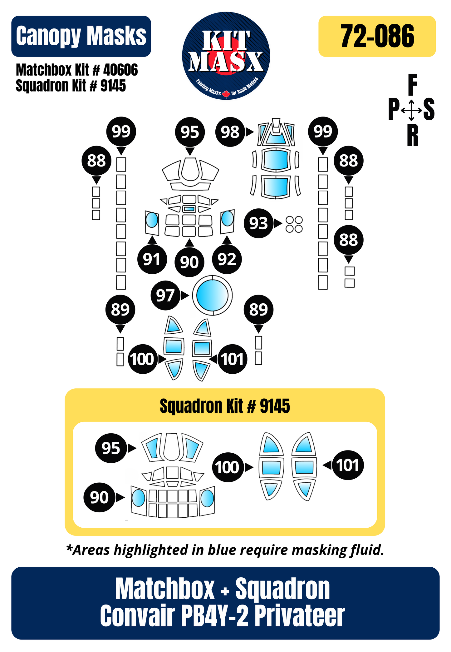 Matchbox/Squadron Convair PB4Y-2 Privateer 1/72 Canopy Paint Masks, Kit # 40606, 9145