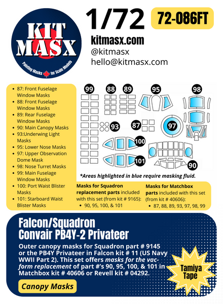 Matchbox/Revell/Falcon/Squadron PB4Y-2 Privateer 1/72 Canopy Paint Masks