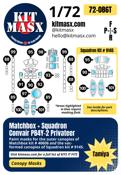 Matchbox/Squadron Convair PB4Y-2 Privateer 1/72 Canopy Paint Masks, Kit # 40606, 9145