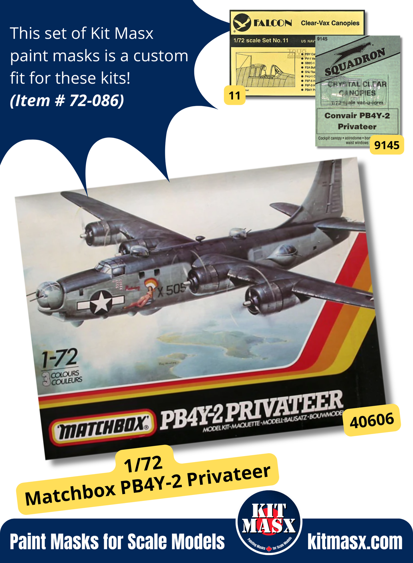 Matchbox/Squadron Convair PB4Y-2 Privateer 1/72 Canopy Paint Masks, Kit # 40606, 9145