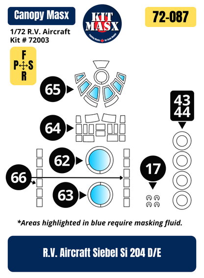 R.V. Aircraft Siebel Si 204 D/E 1/72 Canopy & Wheel Paint Masks, Kit # 72003