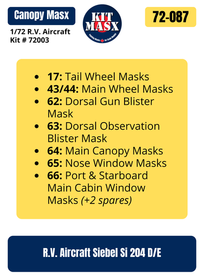 R.V. Aircraft Siebel Si 204 D/E 1/72 Canopy & Wheel Paint Masks, Kit # 72003