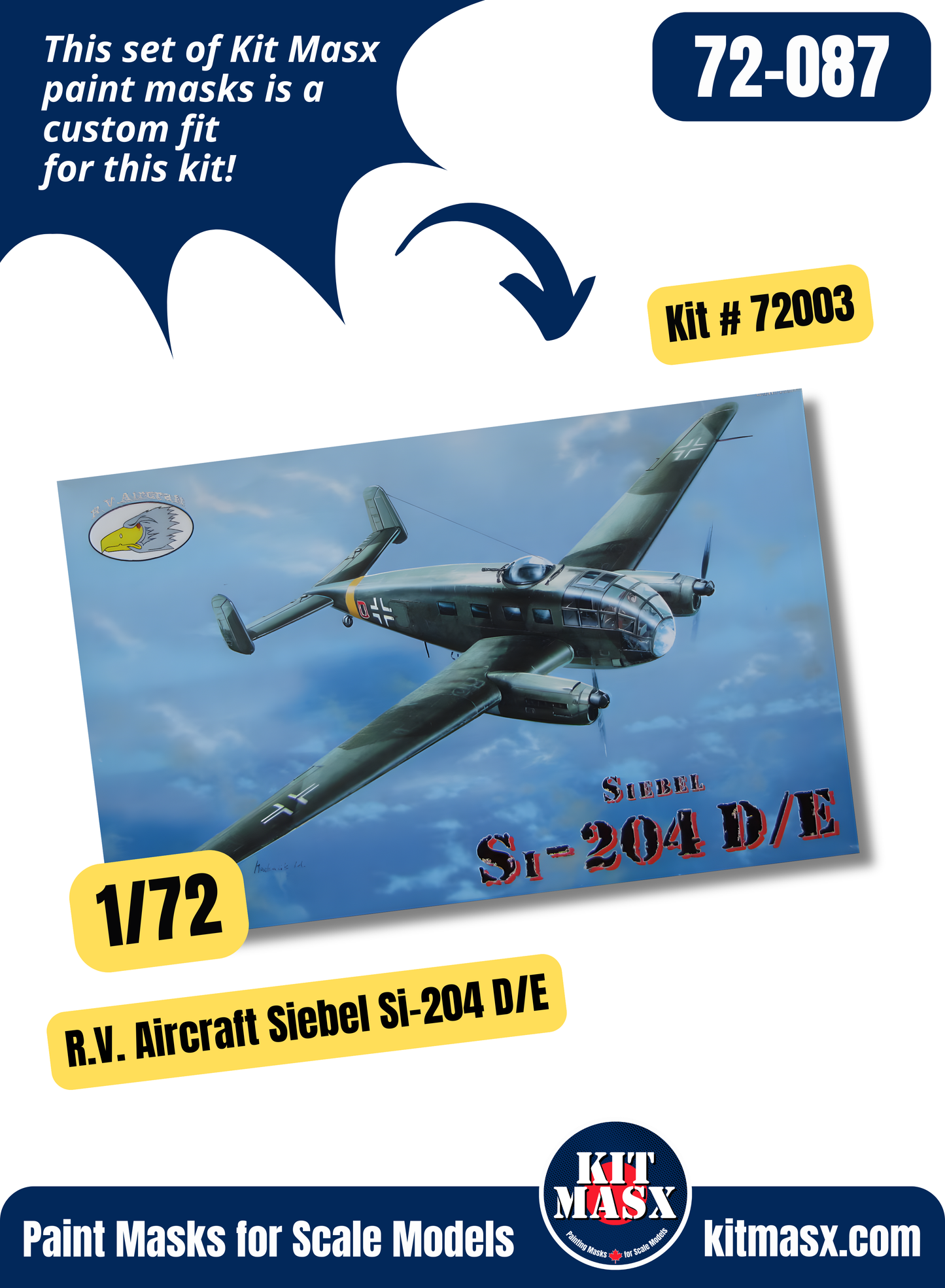 R.V. Aircraft Siebel Si 204 D/E 1/72 Canopy & Wheel Paint Masks, Kit # 72003