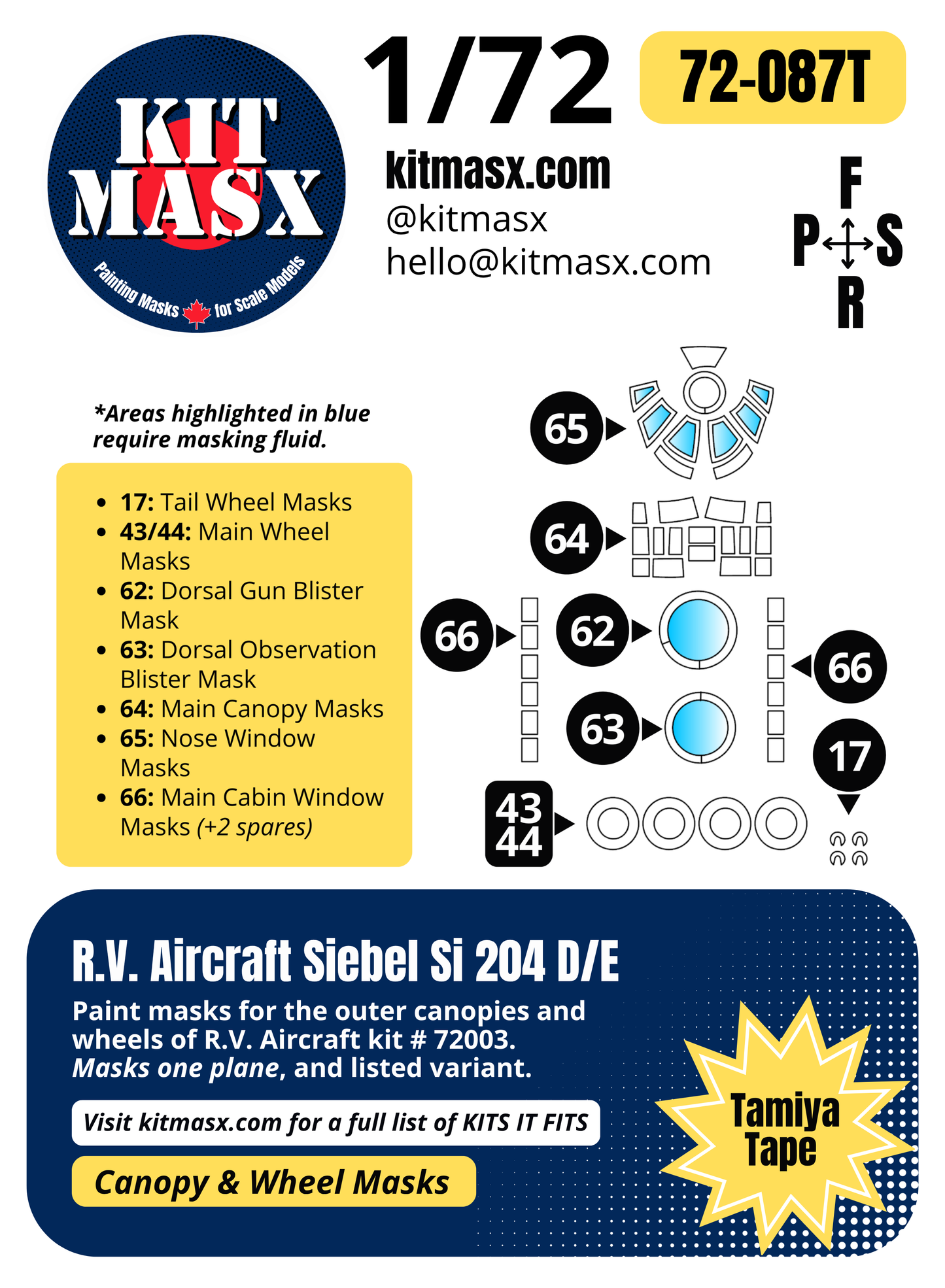 R.V. Aircraft Siebel Si 204 D/E 1/72 Canopy & Wheel Paint Masks, Kit # 72003