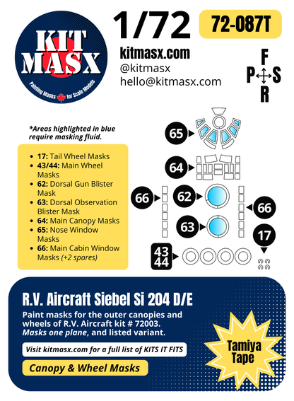 R.V. Aircraft Siebel Si 204 D/E 1/72 Canopy & Wheel Paint Masks, Kit # 72003