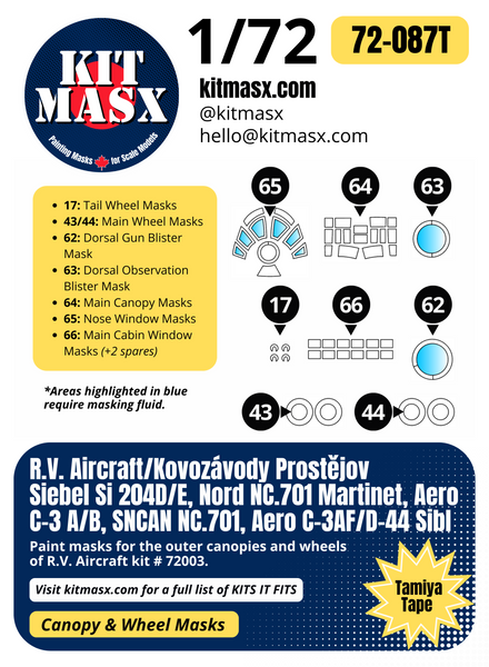 R.V. Aircraft Siebel Si 204D/E, Nord NC.701 Martinet, Aero C-3 A/B, SNCAN NC.701, Aero C-3AF/D-44 Sibl 1/72 Canopy & Wheel Paint Masks, Kit # 72003