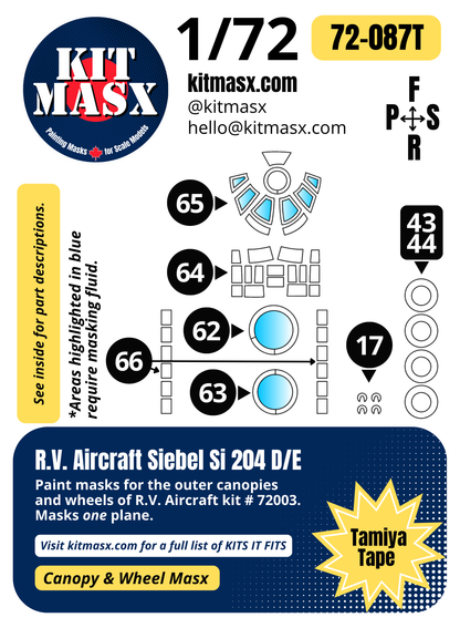 R.V. Aircraft Siebel Si 204 D/E 1/72 Canopy & Wheel Paint Masks, Kit # 72003