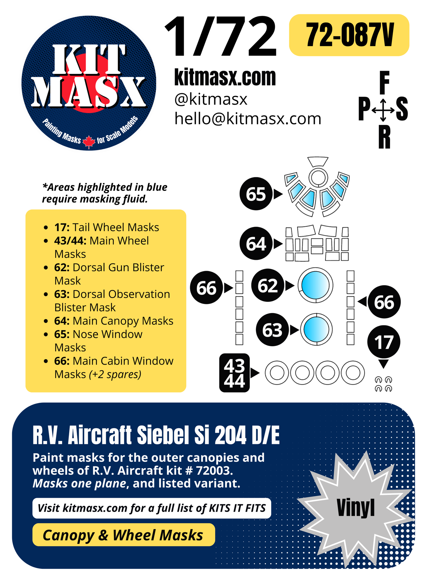 R.V. Aircraft Siebel Si 204 D/E 1/72 Canopy & Wheel Paint Masks, Kit # 72003