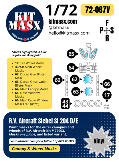 R.V. Aircraft Siebel Si 204 D/E 1/72 Canopy & Wheel Paint Masks, Kit # 72003