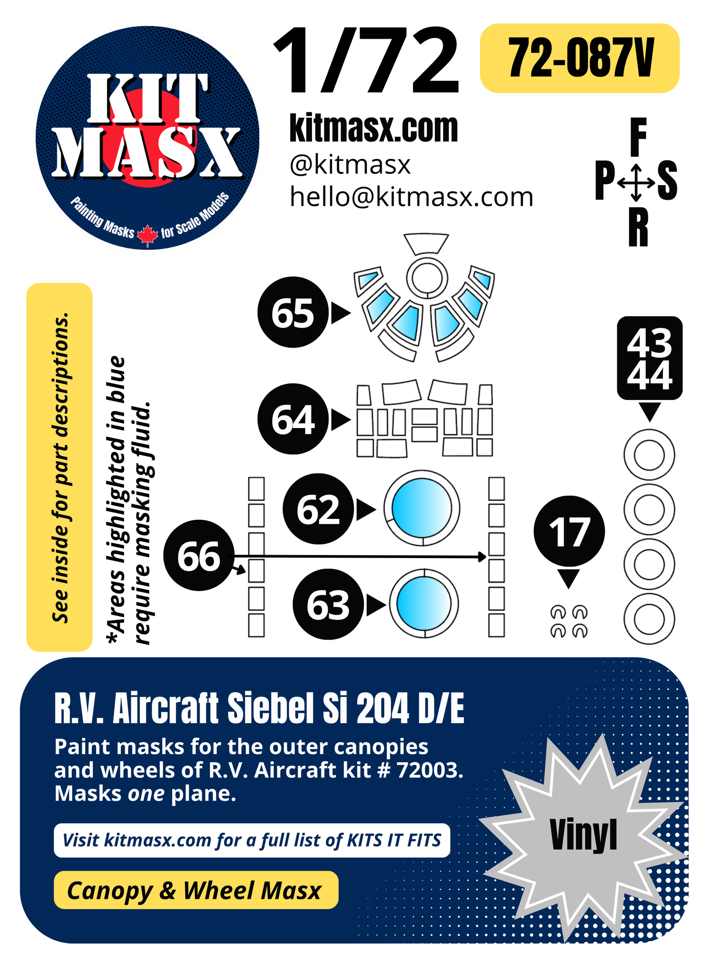 R.V. Aircraft Siebel Si 204 D/E 1/72 Canopy & Wheel Paint Masks, Kit # 72003
