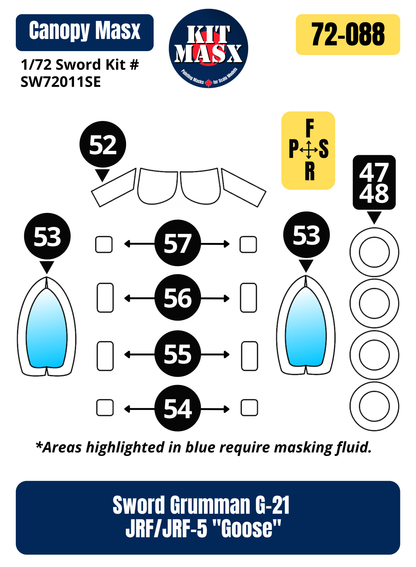 Sword Grumman G-21 JRF/JRF-5 "Goose" 1/72 Canopy & Wheel Paint Masks, Kit # SW 72011SE