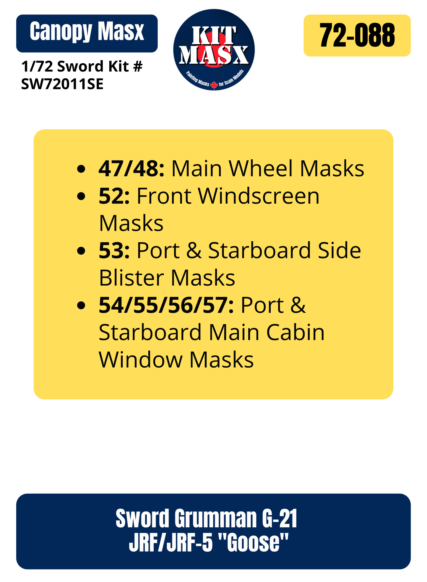 Sword Grumman G-21 JRF/JRF-5 "Goose" 1/72 Canopy & Wheel Paint Masks, Kit # SW 72011SE