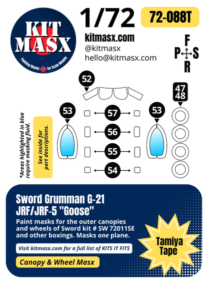 Sword Grumman G-21 JRF/JRF-5 "Goose" 1/72 Canopy & Wheel Paint Masks, Kit # SW 72011SE