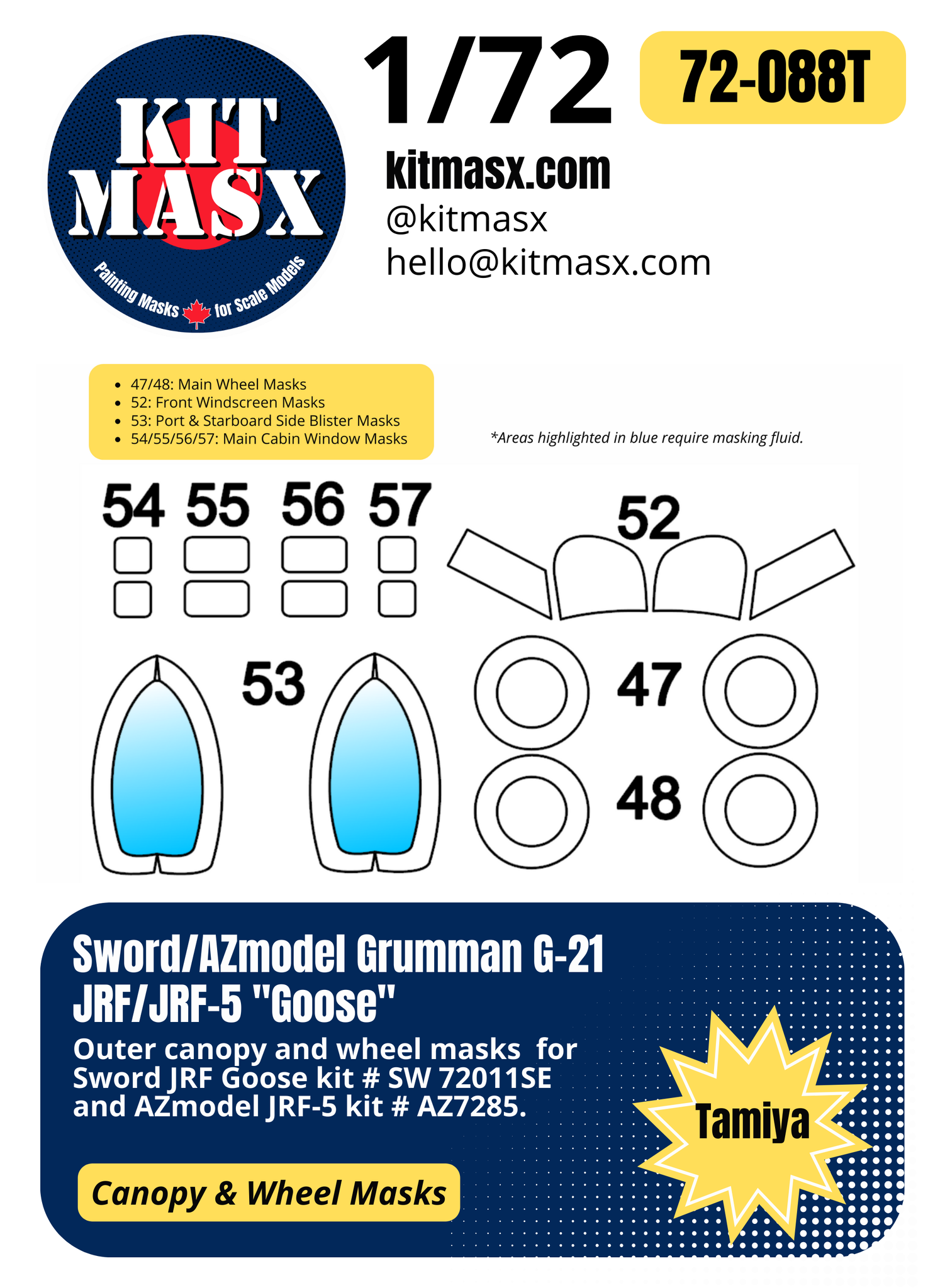 Sword Grumman G-21 JRF/JRF-5 "Goose" 1/72 Canopy & Wheel Paint Masks, Kit # SW 72011SE