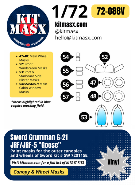 Sword Grumman G-21 JRF/JRF-5 "Goose" 1/72 Canopy & Wheel Paint Masks, Kit # SW 72011SE