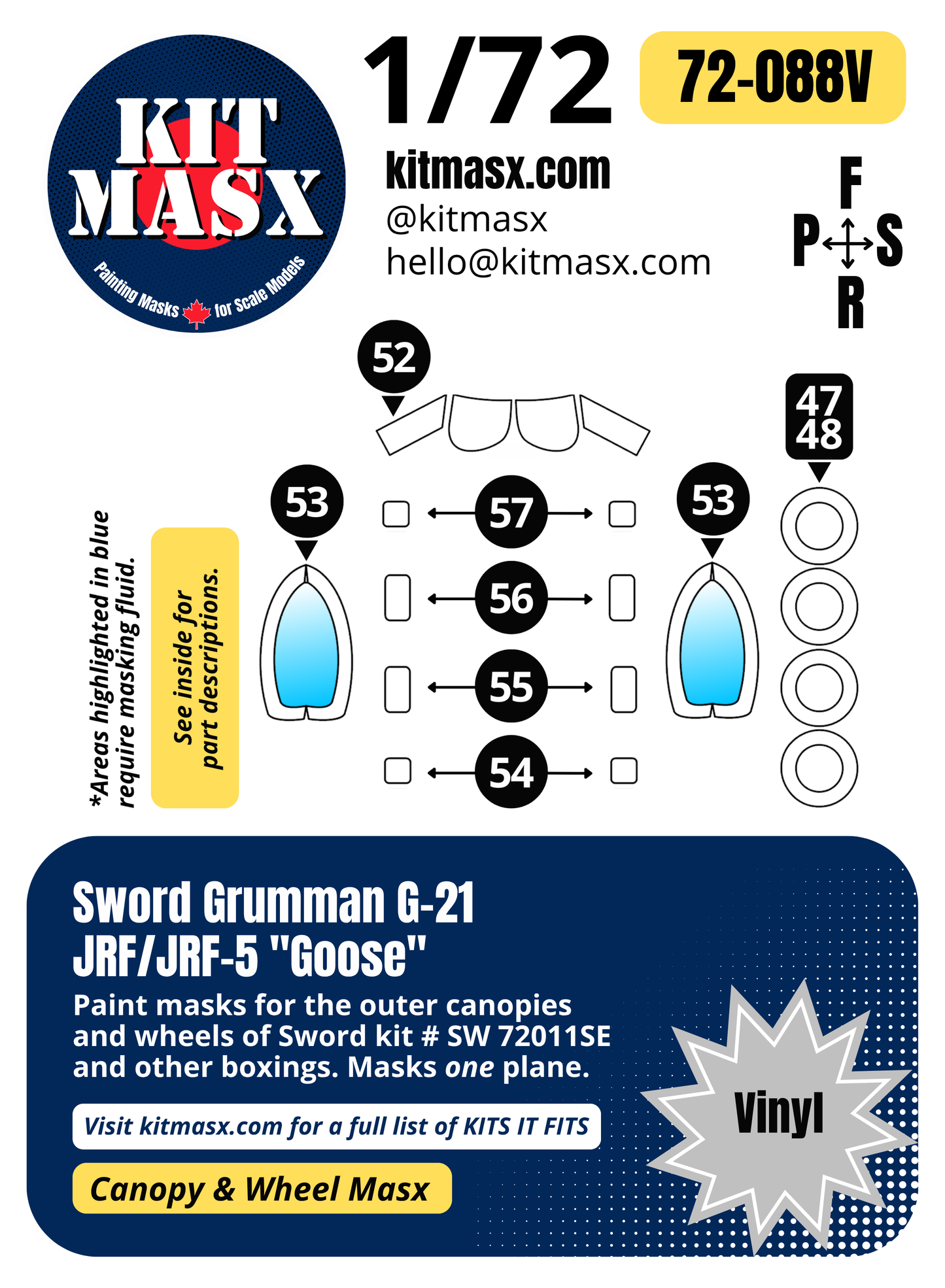 Sword Grumman G-21 JRF/JRF-5 "Goose" 1/72 Canopy & Wheel Paint Masks, Kit # SW 72011SE