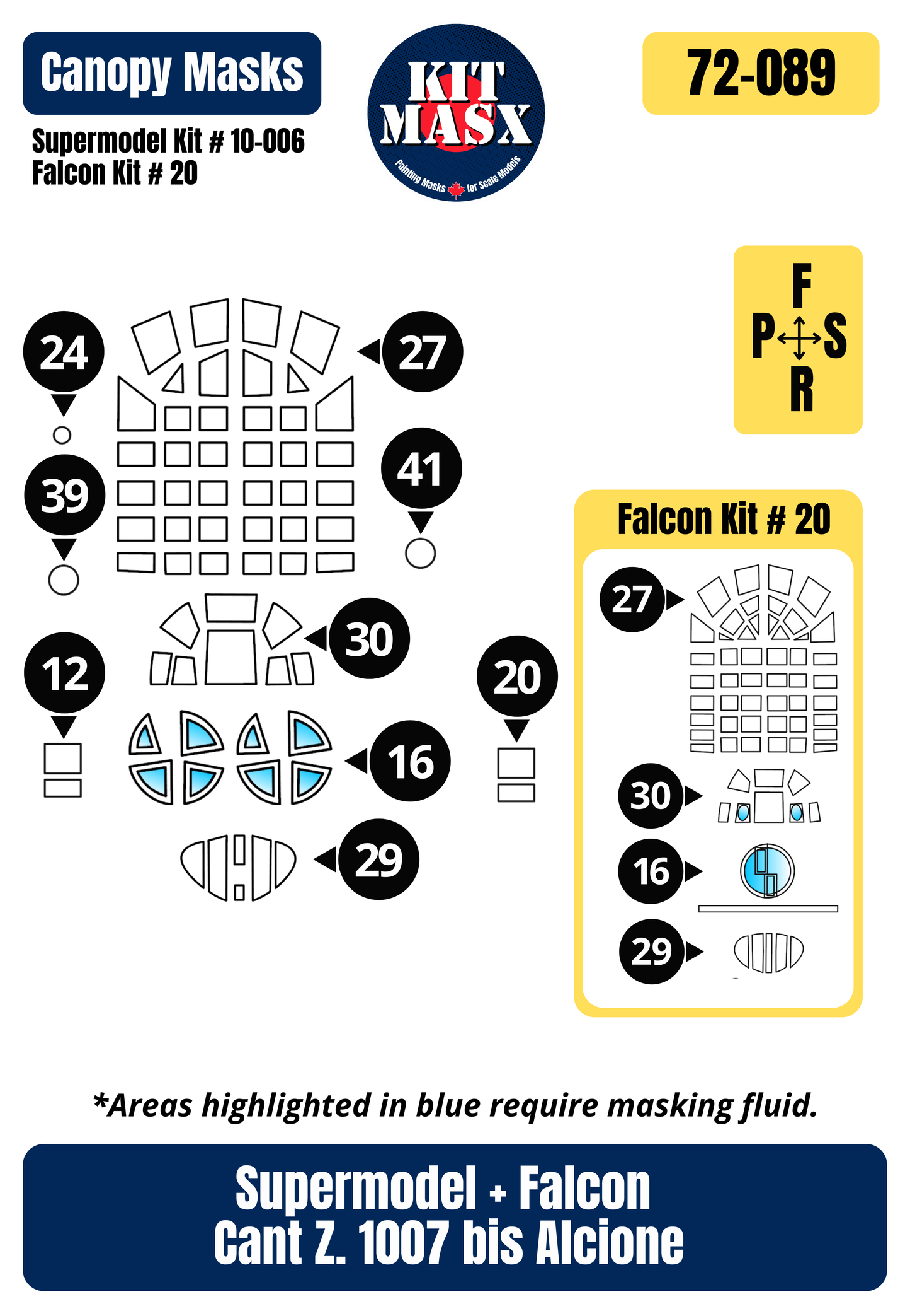 Supermodel/Falcon Cant. Z.1007 bis Alcione 1/72 Canopy Paint Masks, Kit # 10-006, 20