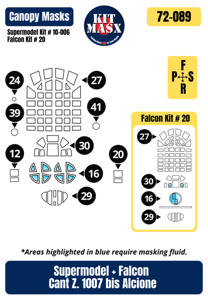Supermodel/Falcon Cant. Z.1007 bis Alcione 1/72 Canopy Paint Masks, Kit # 10-006, 20