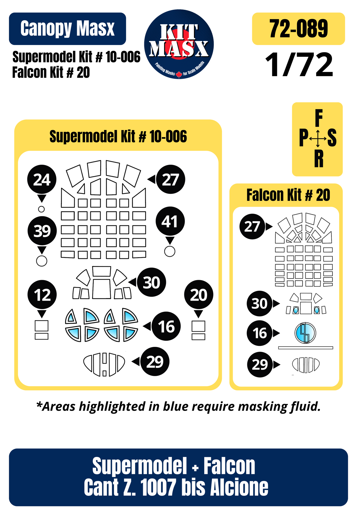 Supermodel/Falcon Cant. Z.1007 bis Alcione 1/72 Canopy Paint Masks, Kit # 10-006, 20 (72089)