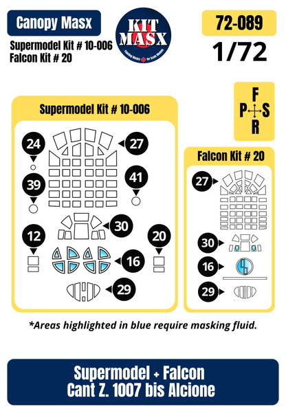 Supermodel/Falcon Cant. Z.1007 bis Alcione 1/72 Canopy Paint Masks, Kit # 10-006, 20 (72089)