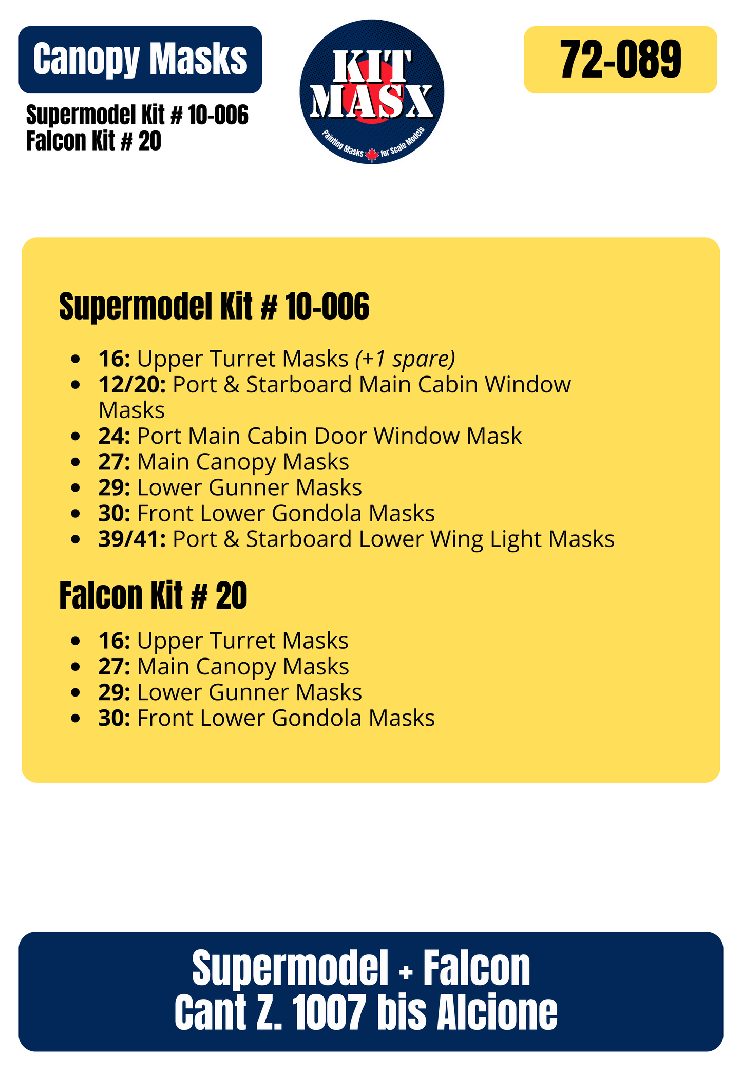 Supermodel/Falcon Cant. Z.1007 bis Alcione 1/72 Canopy Paint Masks, Kit # 10-006, 20