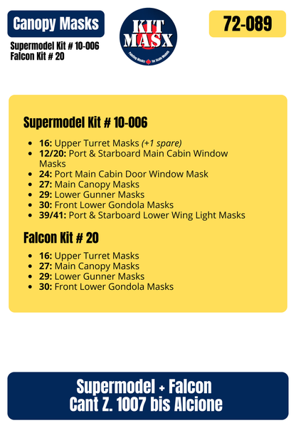 Supermodel/Falcon Cant. Z.1007 bis Alcione 1/72 Canopy Paint Masks, Kit # 10-006, 20