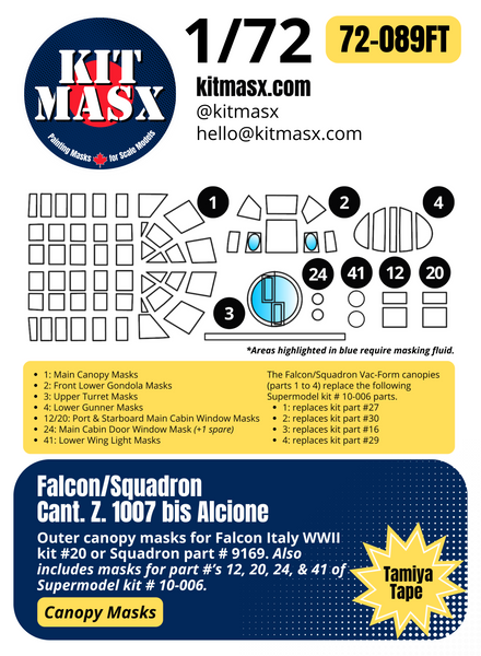 Supermodel/Falcon/Squadron Cant. Z.1007 bis Alcione 1/72 Canopy Paint Masks