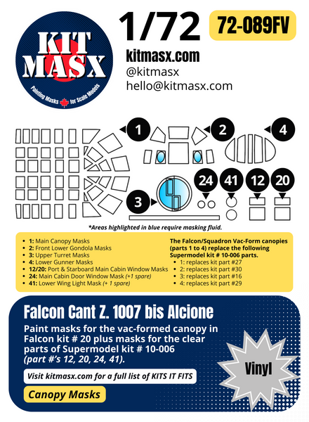 Falcon Cant Z.1007 bis Alcione 1/72 Canopy Paint Masks, Kit # 20