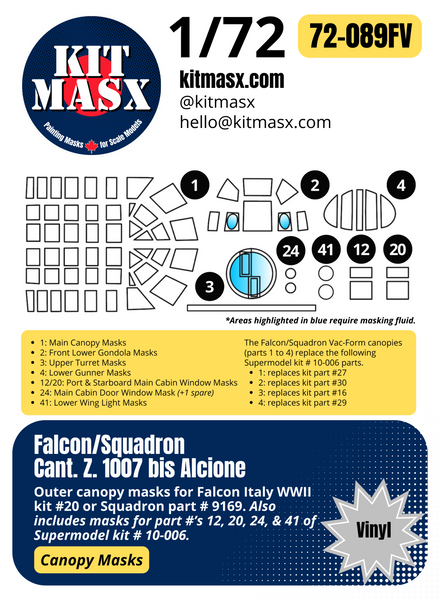 Supermodel/Falcon/Squadron Cant. Z.1007 bis Alcione 1/72 Canopy Paint Masks