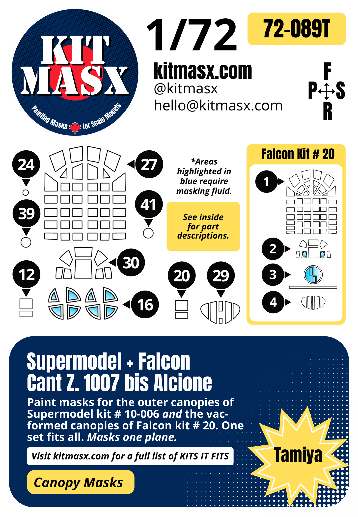 Supermodel/Falcon Cant. Z.1007 bis Alcione 1/72 Canopy Paint Masks, Kit # 10-006, 20