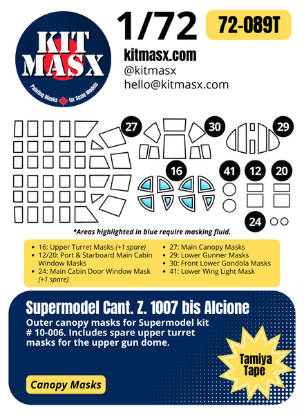 Supermodel/Falcon/Squadron Cant. Z.1007 bis Alcione 1/72 Canopy Paint Masks