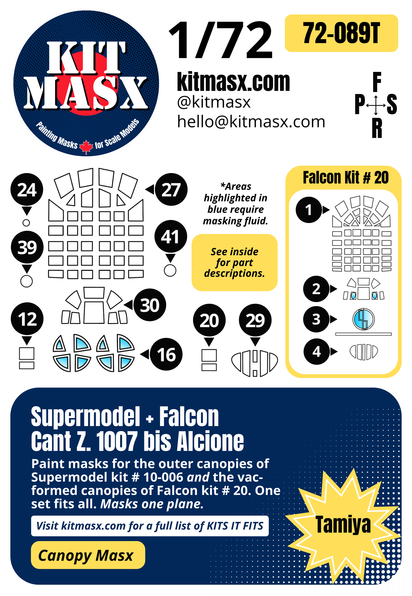 Supermodel/Falcon Cant. Z.1007 bis Alcione 1/72 Canopy Paint Masks, Kit # 10-006, 20 (72089)