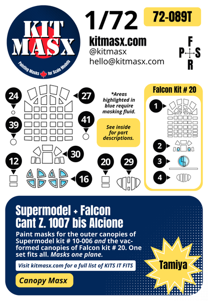 Supermodel/Falcon Cant. Z.1007 bis Alcione 1/72 Canopy Paint Masks, Kit # 10-006, 20 (72089)