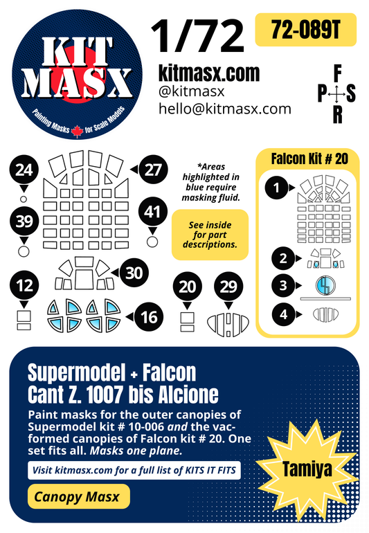 Supermodel/Falcon Cant. Z.1007 bis Alcione 1/72 Canopy Paint Masks, Kit # 10-006, 20 (72089)