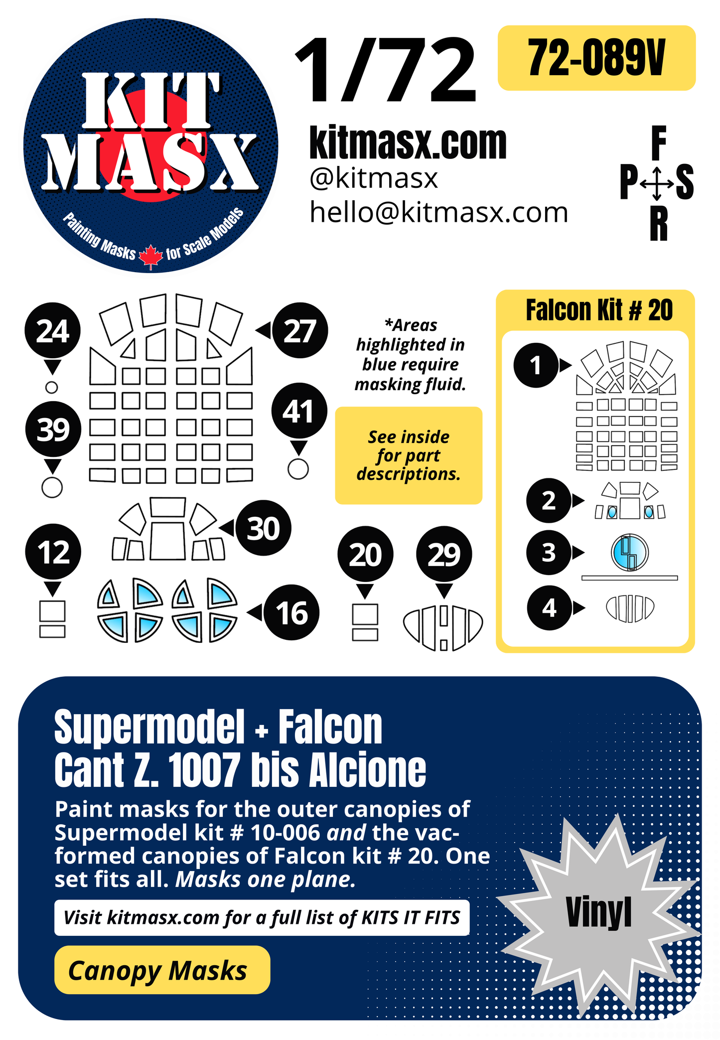 Supermodel/Falcon Cant. Z.1007 bis Alcione 1/72 Canopy Paint Masks, Kit # 10-006, 20 (72089)