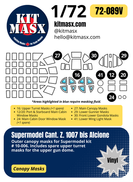 Supermodel/Falcon/Squadron Cant. Z.1007 bis Alcione 1/72 Canopy Paint Masks