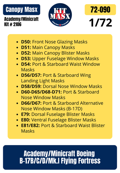 Academy/Minicraft Boeing B-17B/C/D/Mk.I Flying Fortress 1/72 Canopy Paint Masks, Kit  (72090)
