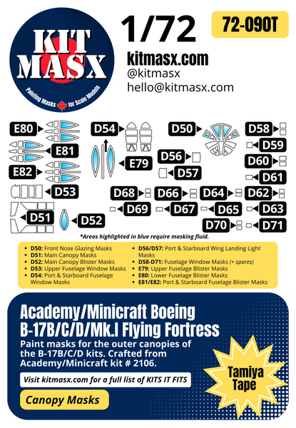 Academy/Minicraft Boeing B-17B/C/D/Mk.I Flying Fortress 1/72 Canopy Paint Masks, Kit # 2106