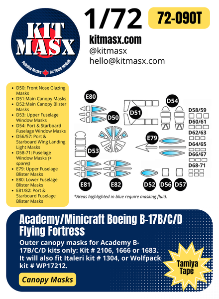 Academy/Minicraft Boeing B-17B/C/D Flying Fortress 1/72 Canopy Paint Masks