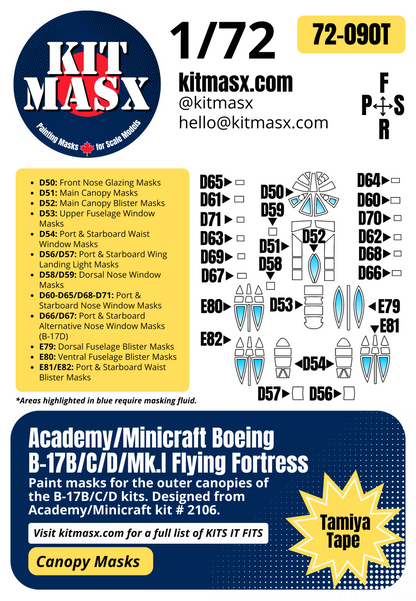 Academy/Minicraft Boeing B-17B/C/D/Mk.I Flying Fortress 1/72 Canopy Paint Masks, Kit # 2106