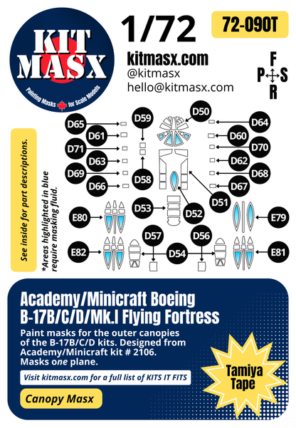 Academy/Minicraft Boeing B-17B/C/D/Mk.I Flying Fortress 1/72 Canopy Paint Masks, Kit  (72090)