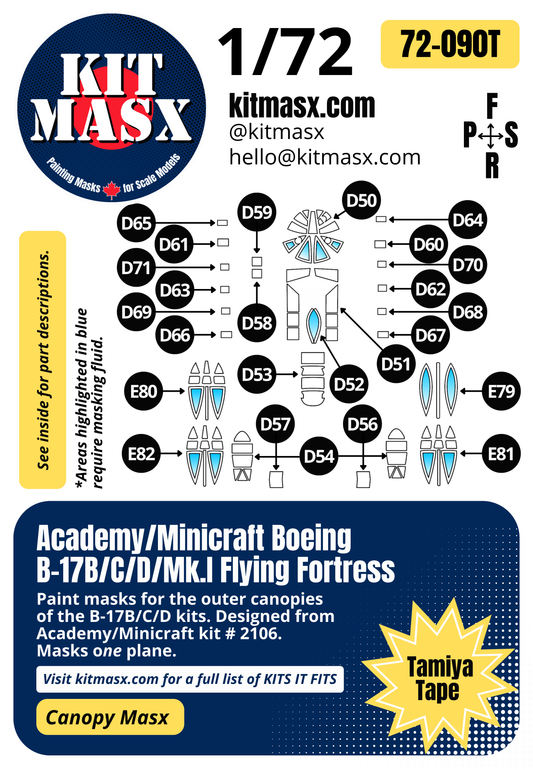 Academy/Minicraft Boeing B-17B/C/D/Mk.I Flying Fortress 1/72 Canopy Paint Masks, Kit  (72090)