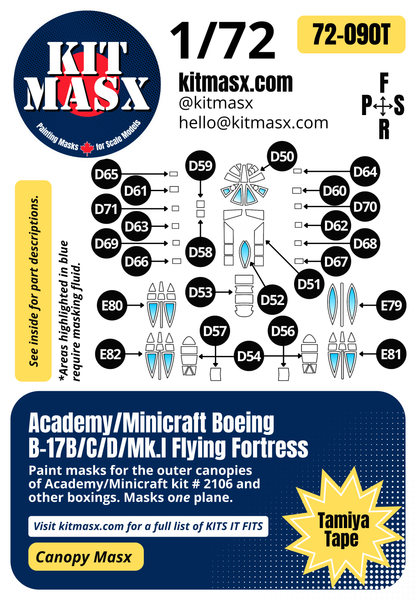 Academy/Minicraft Boeing B-17B/C/D/Mk.I Flying Fortress 1/72 Canopy Paint Masks, Kit  (72090)