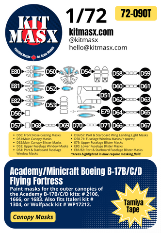 Academy/Minicraft Boeing B-17B/C/D Flying Fortress 1/72 Canopy Paint Masks, Kit # 2106