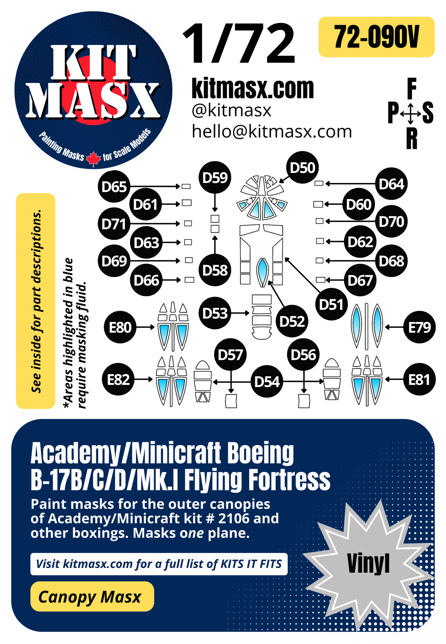 Academy/Minicraft Boeing B-17B/C/D/Mk.I Flying Fortress 1/72 Canopy Paint Masks, Kit  (72090)
