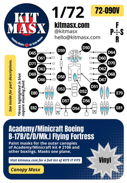 Academy/Minicraft Boeing B-17B/C/D/Mk.I Flying Fortress 1/72 Canopy Paint Masks, Kit  (72090)