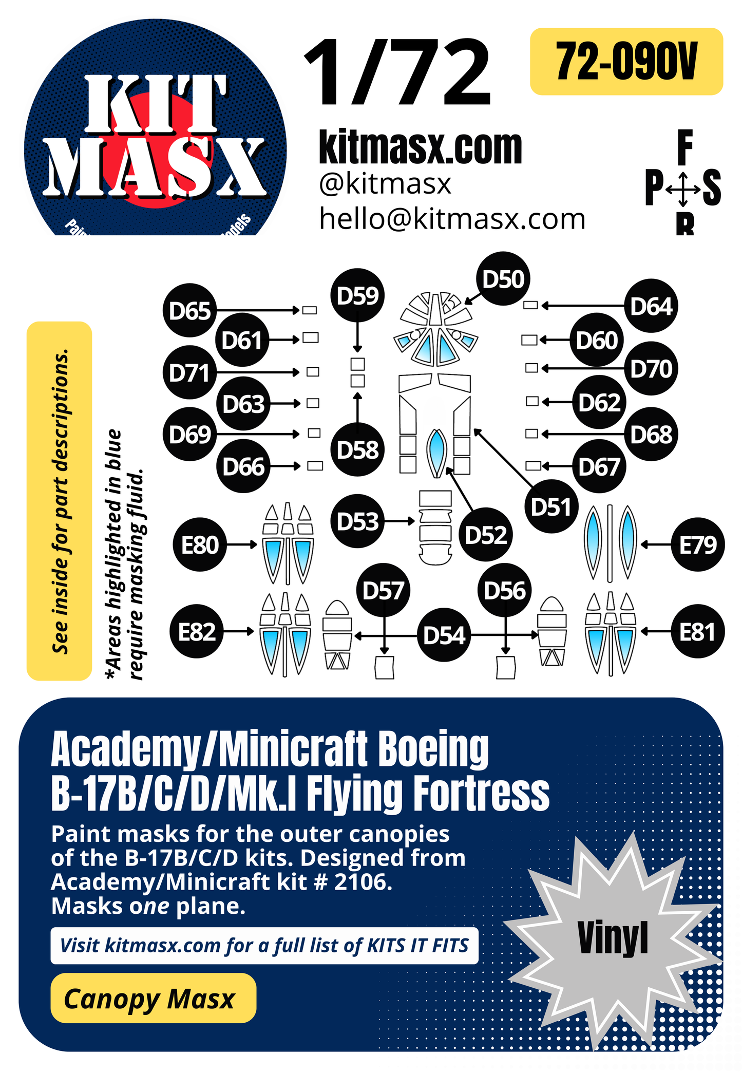 Academy/Minicraft Boeing B-17B/C/D/Mk.I Flying Fortress 1/72 Canopy Paint Masks, Kit  (72090)