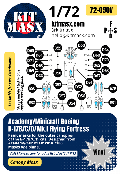Academy/Minicraft Boeing B-17B/C/D/Mk.I Flying Fortress 1/72 Canopy Paint Masks, Kit  (72090)