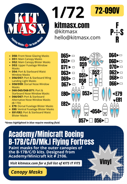 Academy/Minicraft Boeing B-17B/C/D/Mk.I Flying Fortress 1/72 Canopy Paint Masks, Kit # 2106
