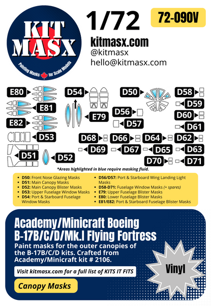 Academy/Minicraft Boeing B-17B/C/D/Mk.I Flying Fortress 1/72 Canopy Paint Masks, Kit # 2106